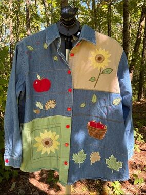 VTG teacher aesthetic fall patchwork jean denim colorblock shirt womens XL
